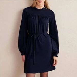 Boden easy yoke ruffle trim tie waist navy blue size 10 NWT